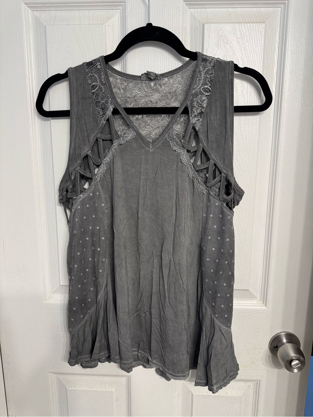 POL Gray Lace-Trim Tank with Lattice Shoulders